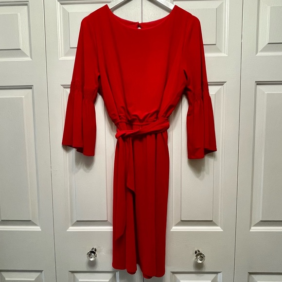3/15 💚 Emma & Michele Red Midi Belted Faux Wrap Dress Bell Sleeves Scoop Neck - Picture 9 of 9